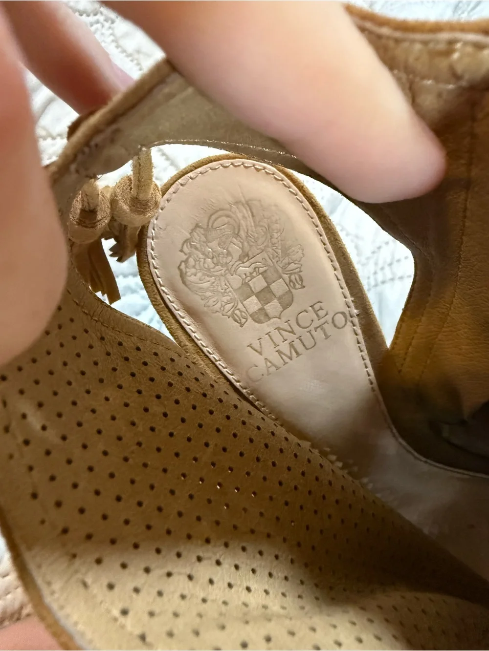 Vince Camuto Tan Perforated Suede Lace-Up Wedge Sandals‎